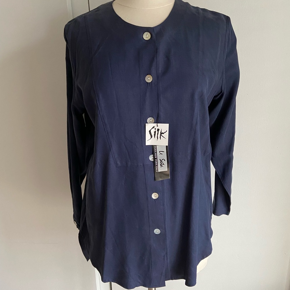Blue Long Sleeve Button Down Blouse with Mandarin Collar